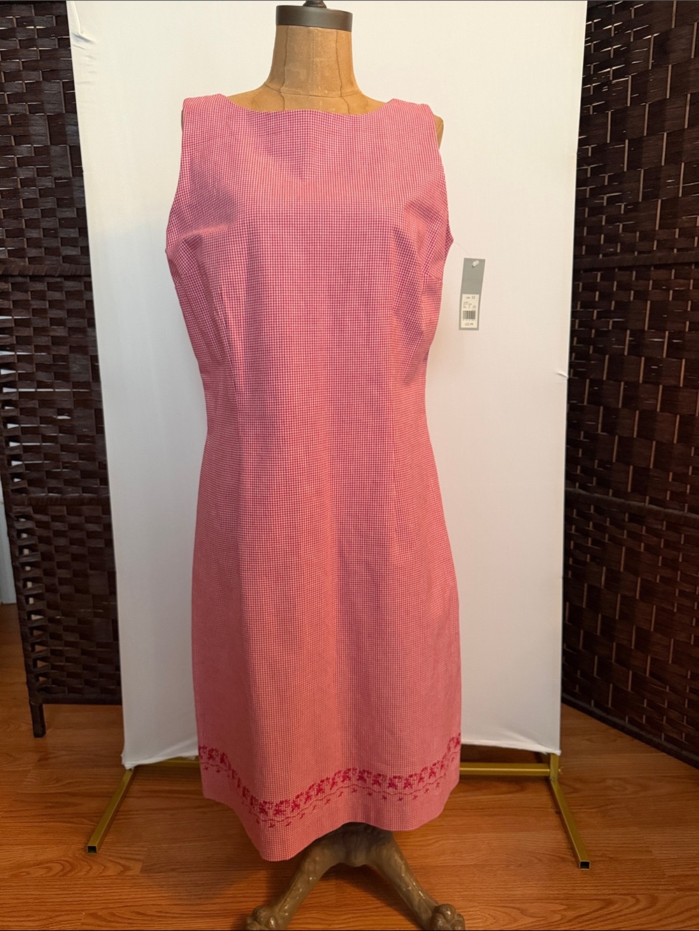 Red white check gingham vintage style dress 10 12 NWT midi sheath summer 90s